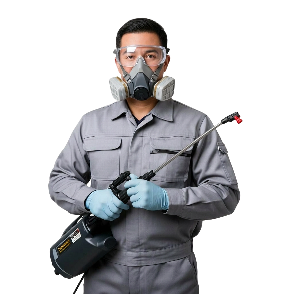 Técnico Dizima Pragas com EPI completo segurando equipamento profissional de pulverização